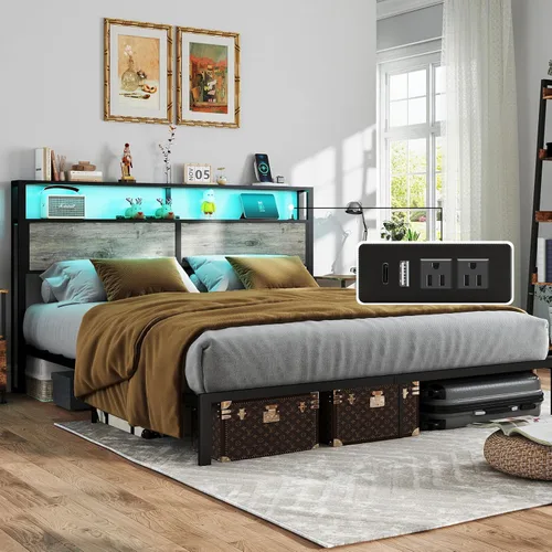 Miniatura 14 de Base de cama tamaño completo con cabecero, estructura de cama de plataforma metálica con luces LED y estación de carga, almacenamiento debajo