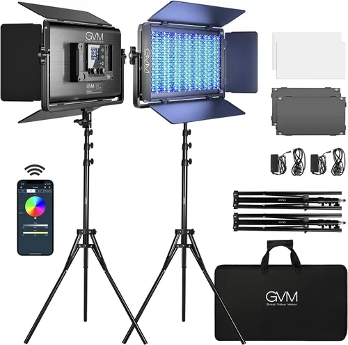 Miniatura 16 de GVM - Luz de video LED RGB con control Bluetooth, kit de iluminación de video 1000D PRO de 360° a todo color con 736 cuentas LED, 2 paquetes de luz