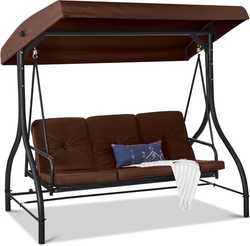 Best Choice Products Columpio Deslizante con Toldo Convertible Grande de 3 Asientos para Exteriores, Hamaca de Patio, Silla de Descanso para Porche,