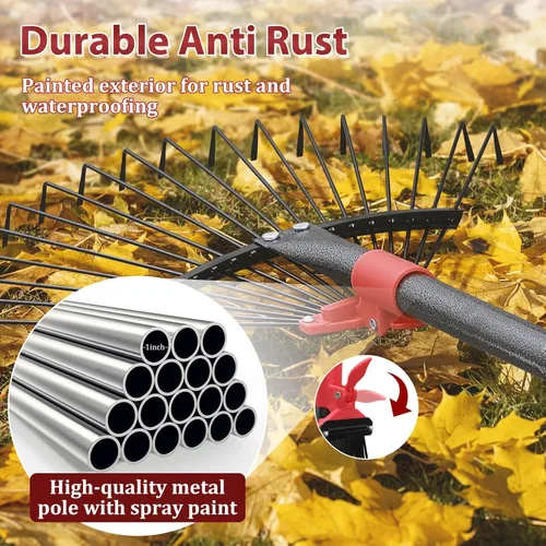 Miniatura 5 de Rastrillo de 76 pulgadas para hojas, 18 dientes de metal ajustables con cabeza expandible, rastrillos de jardín para césped, rastrillo de metal