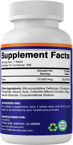 Miniatura 7 de Vitamatic Biotina 10,000 mcg (10 mg) para cabello, piel y uñas más fuertes - 365 tabletas veganas - también llamada vitamina B7