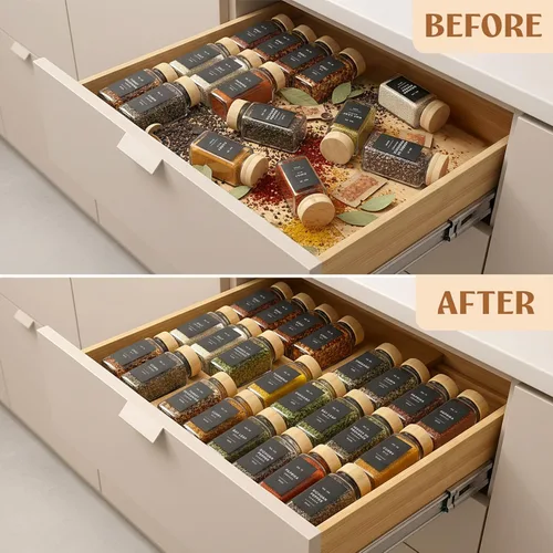 Miniatura 7 de EDELHAUS Organizador de Cajón de Especias de Bambú - Estante de Especias Expandible de 4 Niveles (Necesita Cajón de 3" de Profundidad) de 12" a 24