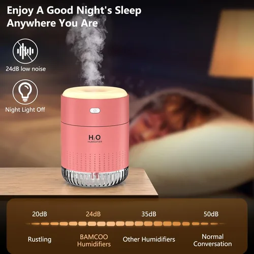 Miniatura 6 de Mini humidificador portátil, apagado automático, 2 modos de niebla, silencioso, pequeños humidificadores para dormitorio, viajes, oficina, Rosa