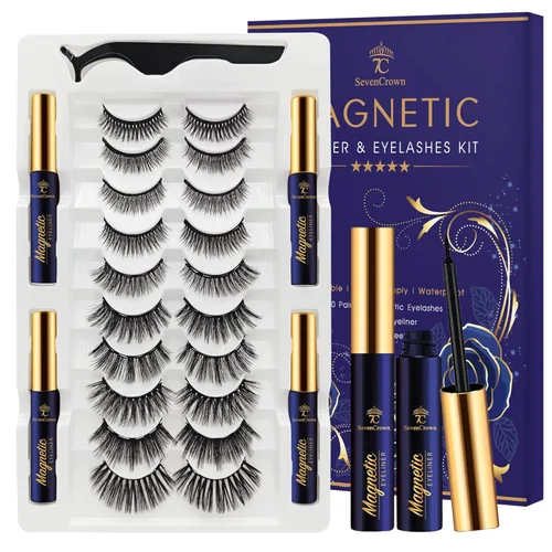 SevenCrown - Kit de pestañas magnéticas de aspecto natural, 10 pares de pestañas magnéticas reutilizables con aplicador, fácil de aplicar
