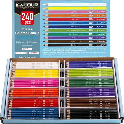 KALOUR Lápices de colores prémium a granel, 12 colores vibrantes surtidos, 240 unidades en total, suministros escolares para niños y profesores,
