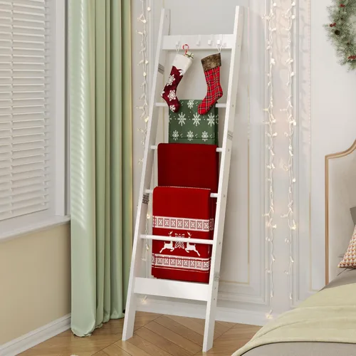 Miniatura 17 de Hzuaneri Escalera para manta para sala de estar, estante decorativo para edredón con 4 ganchos extraíbles, 5 niveles de soporte de escalera de Blanco