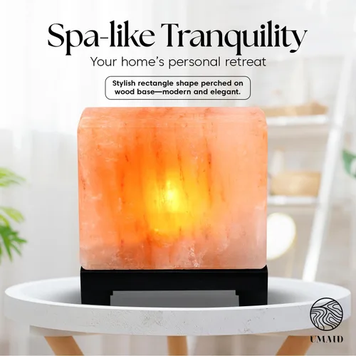 Miniatura 6 de UMAID Lámpara de sal del Himalaya rectangular, lámpara de roca rosa natural sobre base de madera moderna con bombilla nocturna y cable regulable