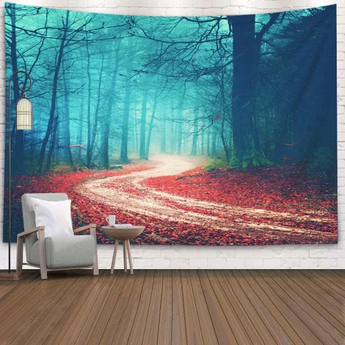 Miniatura 28 de EMMTEEY Tapiz de pared con bosque - Árbol de pino verde y niebla, arte de pared natural, 80x60 pulgadas, tapiz grande de estilo bohemio para sala