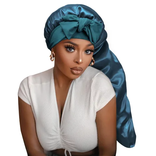 Miniatura 12 de Gorro de seda satinada para el cabello: gorros largos con banda de amarre elástica, correas ajustables, tamaño jumbo para dormir cómodamente, gorros