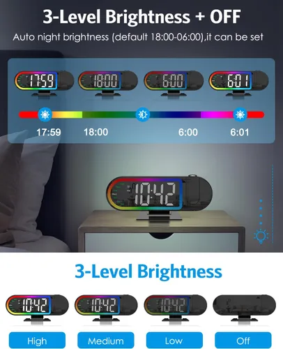 Miniatura 5 de AMIR Reloj despertador de proyección para techo de dormitorio, pantalla grande de 8.5 pulgadas, brillo de 4 niveles, alimentado por USB, modo
