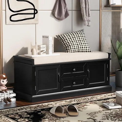 Miniatura 10 de Banco de almacenamiento con cajones y 2 armarios, banco de zapatos con cojín extraíble para entrada, pasillo, vestíbulo, sala de estar, dormitorio