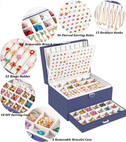 Miniatura 83 de Joyero de pendientes para mujeres y niñas, organizador de aretes de 5 capas, caja organizadora de joyas blanca con candado, collares y aretes