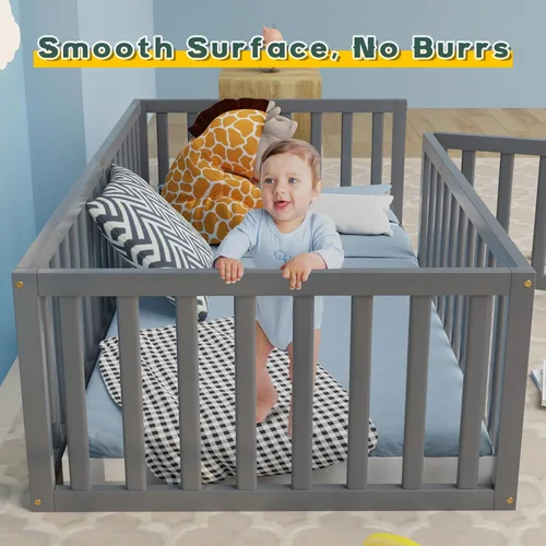 Miniatura 4 de Zevemomo Cama de suelo tamaño individual para niños y niños, cama de piso Montessori individual con barandillas de seguridad y puerta, cama de piso