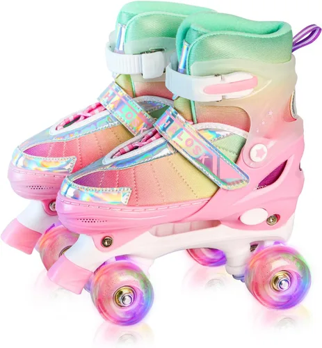 Patines de ruedas para niñas principiantes de 5 a 12 años, patines de cuatro ruedas ajustables color rosa morado arcoíris para jóvenes con todas las