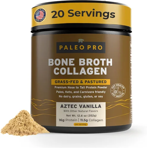 PaleoPro - Polvo de proteína de colágeno de caldo de hueso, raíz de cúrcuma, colágeno alimentado con pasto para piel y huesos, sin gluten, sin