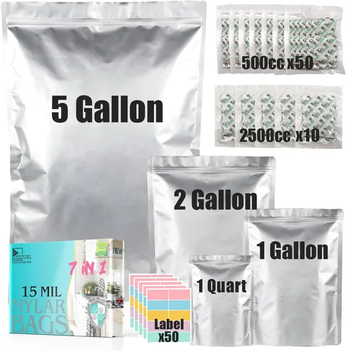50 bolsas de Mylar para almacenamiento de alimentos con absorbentes de oxígeno, bolsas de Mylar extra gruesas de 15 mil, juego de 4 tamaños (5