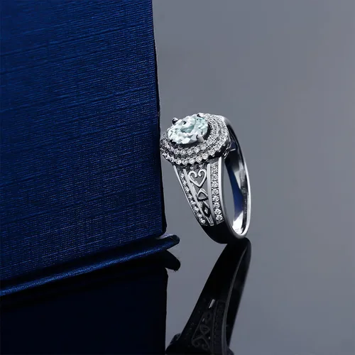 Miniatura 31 de Anillo de compromiso con halo de piedra preciosa y piedra natal en plata chapada en oro amarillo de 18 quilates, ovalado, 0.236 x 0.157 pulgadas