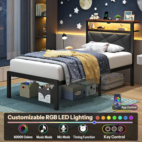 Miniatura 3 de ChicZhiNest Marco de cama individual con cabecero LED y estación de carga USB incorporada, cama de metal tapizada en lino con respaldo y estantes