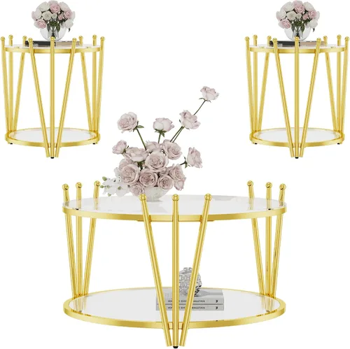 Miniatura 7 de Mesa auxiliar redonda de vidrio dorado de 19.7 pulgadas para sala de estar, diseño moderno de corona de lujo, patas de acero inoxidable con diseño
