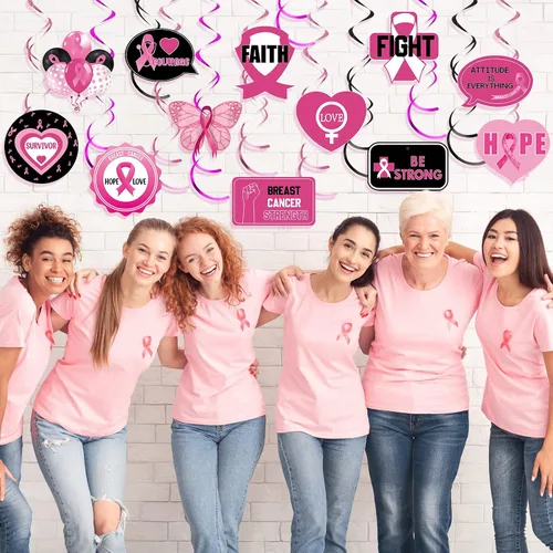 Miniatura 6 de 24 piezas colgantes de conciencia sobre el cáncer de mama, decoración de techo para fiesta de cáncer de mama, cinta rosa, fortaleza, coraje