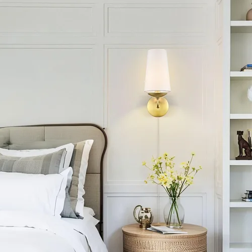 Miniatura 2 de Apliques de pared dorados modernos juego de dos con pantalla de lino, lámpara de pared enchufable o de instalación fija para dormitorio, sala de Oro
