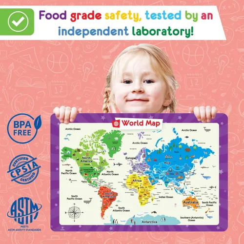 Miniatura 5 de Simply Magic 5 manteles individuales para niños, antideslizantes, lavables y reutilizables, manteles individuales educativos: Mapas del mundo