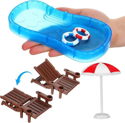Abaodam Mini decoración de casa de playa, mini piscina de natación con paraguas de silla de anillo, miniaturas de playa de verano, juego de piscina