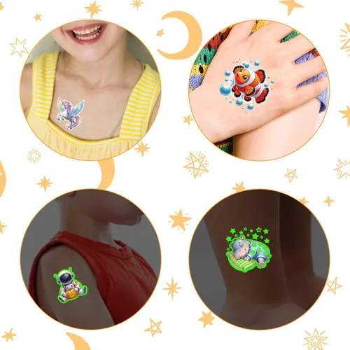 Miniatura 5 de Tatuajes temporales 3D que brillan en la oscuridad para niños, 117 unicornios, sirena, camión, dinosaurio, caricatura, animales, tatuajes falsos