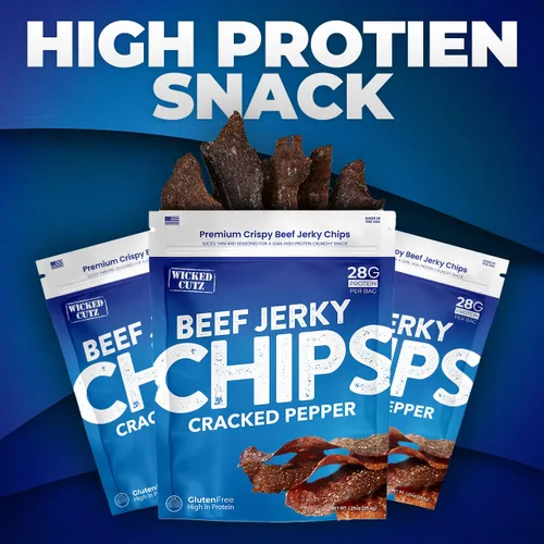 Miniatura 6 de Chips de carne seca de pimienta agrietada, 2 bolsas 0.99 oz de proteína por bolsa, solo 4 ingredientes – carne de res, sal marina, pimienta, agua