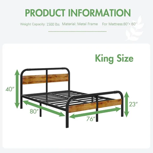 Miniatura 2 de ZIYOO Marco de cama de metal de estilo industrial con cabecera y estribo de madera maciza, listones de acero de alta resistencia de 14 pulgadas que