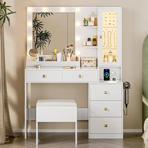 Miniatura 10 de Escritorio de tocador con espejo y luces, tocador de maquillaje negro con 5 cajones, organizador de joyas oculto y gabinete de cristal LED, 3 modos