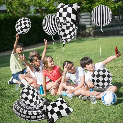 Miniatura 2 de 12 globos de aluminio de automóvil de carreras blanco y negro, globos a cuadros con bandera a cuadros y globos de neumáticos de rueda caliente