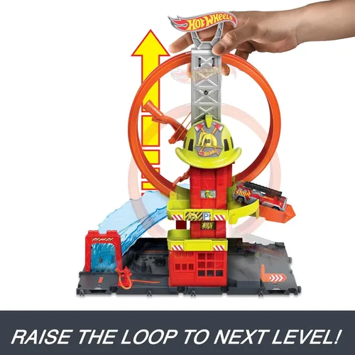 Miniatura 9 de Hot Wheels City con 1 coche de juguete, ascensor impulsado por niños, rampa tipo agua, características de pista de juego, se conecta a otros