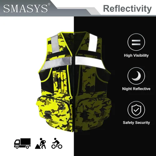 Miniatura 4 de Chaleco de seguridad Hi Vis con cintas reflectantes 3M, tela Oxford con 11 bolsillos, ropa de trabajo de construcción de visibilidad brillante