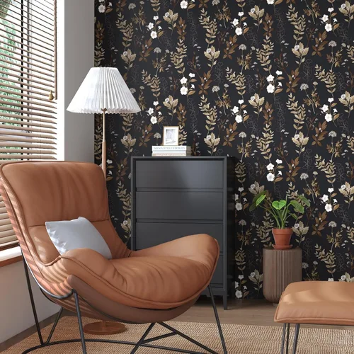 Miniatura 4 de Fvlow Papel Tapiz Floral Negro Despegar y Pegar Papel de Contacto Hoja Dorada Papel Tapiz de Hojas Impermeable Autoadhesivo Revestimiento de Pared