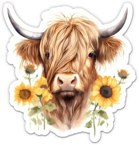 Adhesivo de vaca de las montañas con flores, adhesivo para portátil de 3 pulgadas, vinilo impermeable para automóvil, teléfono, botella de agua,