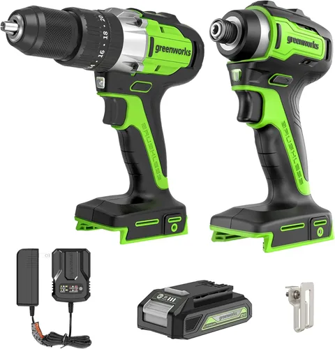 Miniatura 18 de Greenworks - Taladro de impacto inalámbrico de 24 V y kit de luz de trabajo 2 en 1 con 2 baterías de 2 Ah y cargador – Sin escobillas, liviano