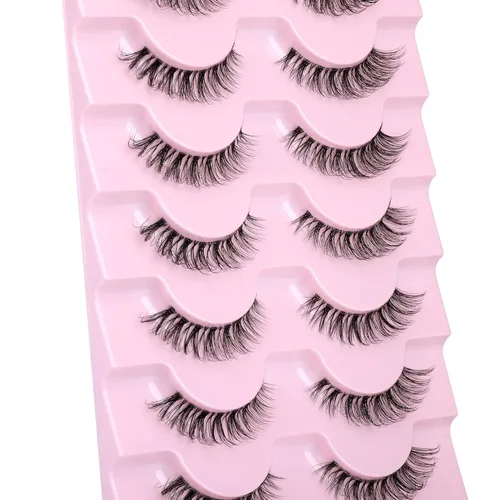 Miniatura 7 de JIMIRE Pestañas de aspecto natural con banda transparente, semi-onduladas, cortas, postizas, esponjosas, 3D, para ojo de gato, pestañas de 13 mm
