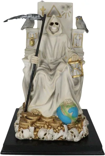 Ebros Túnica blanca Santa Muerte Santa Muerte Hueso Sagrado Madre sentada en el trono con guadaña Estatua Patrón de Protección Sanación Pureza