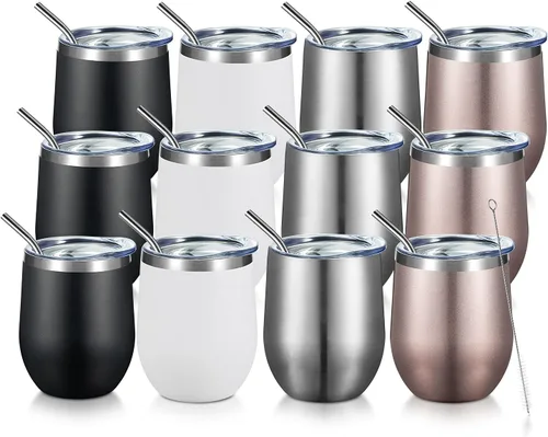 Miniatura 20 de COMOOO Vaso de vino aislado de 12 onzas con tapa, vaso de vino de acero inoxidable sin tallo, vaso de vino de doble pared al vacío con pajita, café