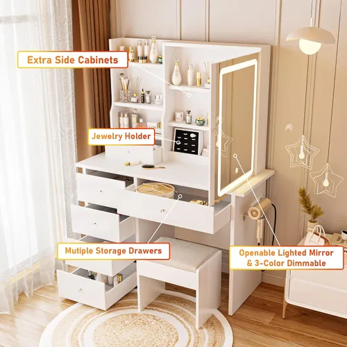 Miniatura 2 de Mesa de tocador ALEAVIC con espejo y luces LED, juego de tocador de maquillaje con toma de corriente y taburete, almacenamiento para joyas, mesa