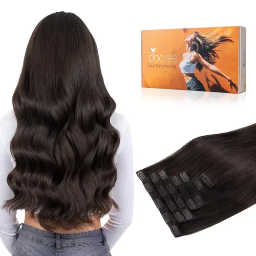 DOORES Extensiones de cabello con clip invisible, marrón oscuro 130g 7 piezas 18 pulgadas, extensiones de cabello grueso virgen para mujeres, trama