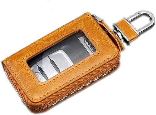 Miniatura 4 de BAKUN Mini funda de cuero premium para llaves de coche, llavero inteligente para coche, cartera con cremallera para llavero remoto Marrón claro