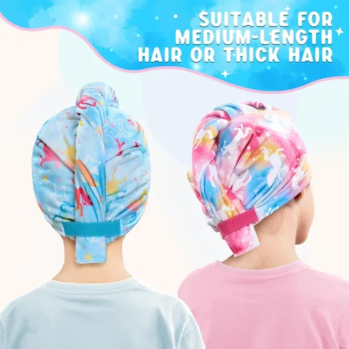 Miniatura 5 de WAWSAM Paquete de 2 toallas de secado de cabello para niños, toalla de microfibra para el cabello para niñas, gorro de pelo de secado rápido con Azul