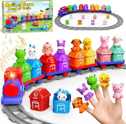 Juego de tren para niños pequeños de 2 a 4 años, juguetes para niños de 1, 2 y 3 años, juego de tren eléctrico Montessori para aprender a combinar y