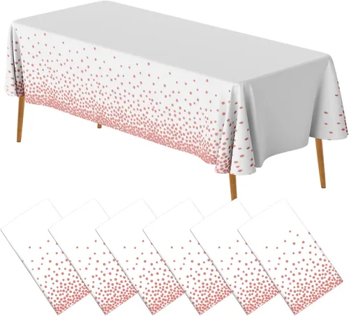 AIRE Paquete de 6 manteles de plástico color blanco y oro rosa para mesas rectangulares, manteles desechables de fiesta, fundas de mesa de confeti
