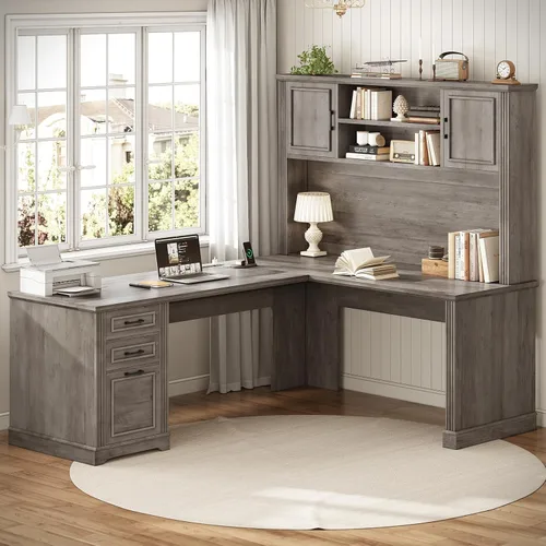 Miniatura 7 de SEDETA - Escritorio esquinero en forma de L de estilo granja con aparador y 3 cajones, escritorio ejecutivo de oficina de 68.9" con cajón para Gris