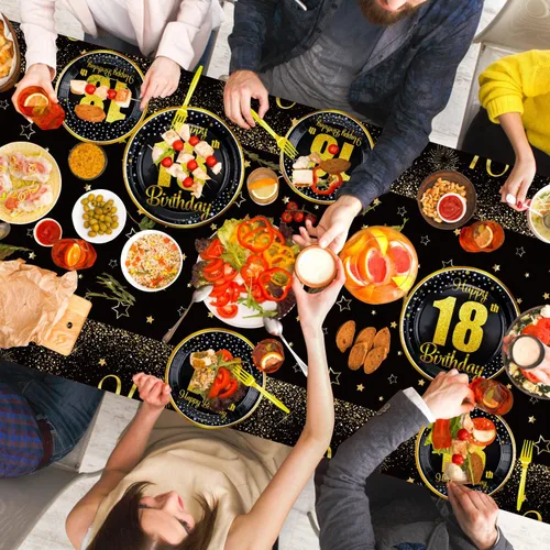 Miniatura 7 de Decoraciones de 18 cumpleaños para niños y niñas - 81 piezas de platos, servilletas, mantel, tenedores, decoración de fiesta negra y dorada, sirve