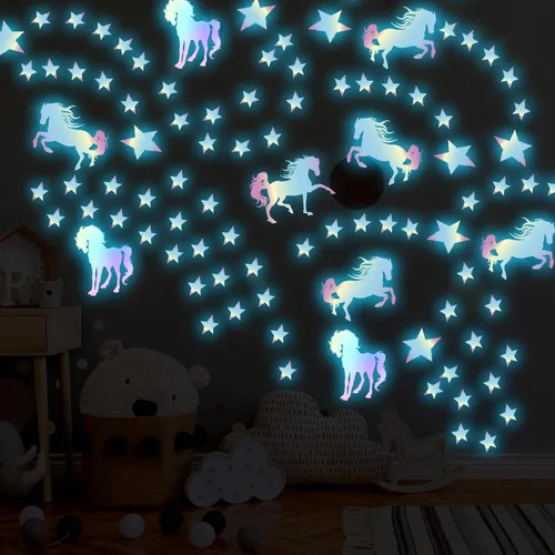 Miniatura 4 de Calcomanías de pared de unicornios que brillan en la oscuridad, unicornios, estrellas, calcomanías de pared para decoración de dormitorio de bebés