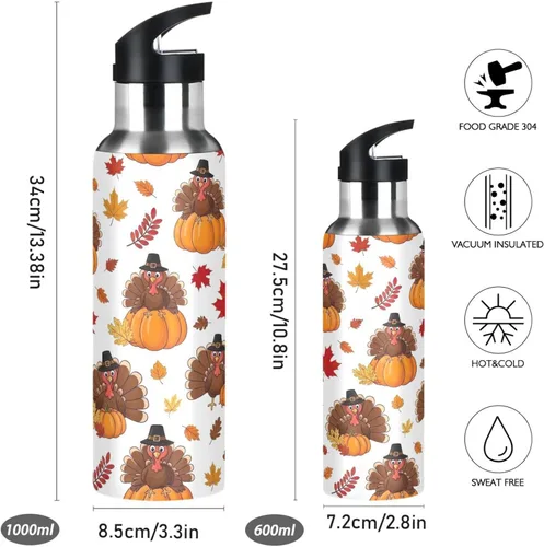 Miniatura 2 de BPA-Free Sport Water Bottle Insulated 20 Oz, Stainless Steel Vacuum Insulated Water Bottle for Gym Outdoor Travel School, Cartoon Turkeys Hats